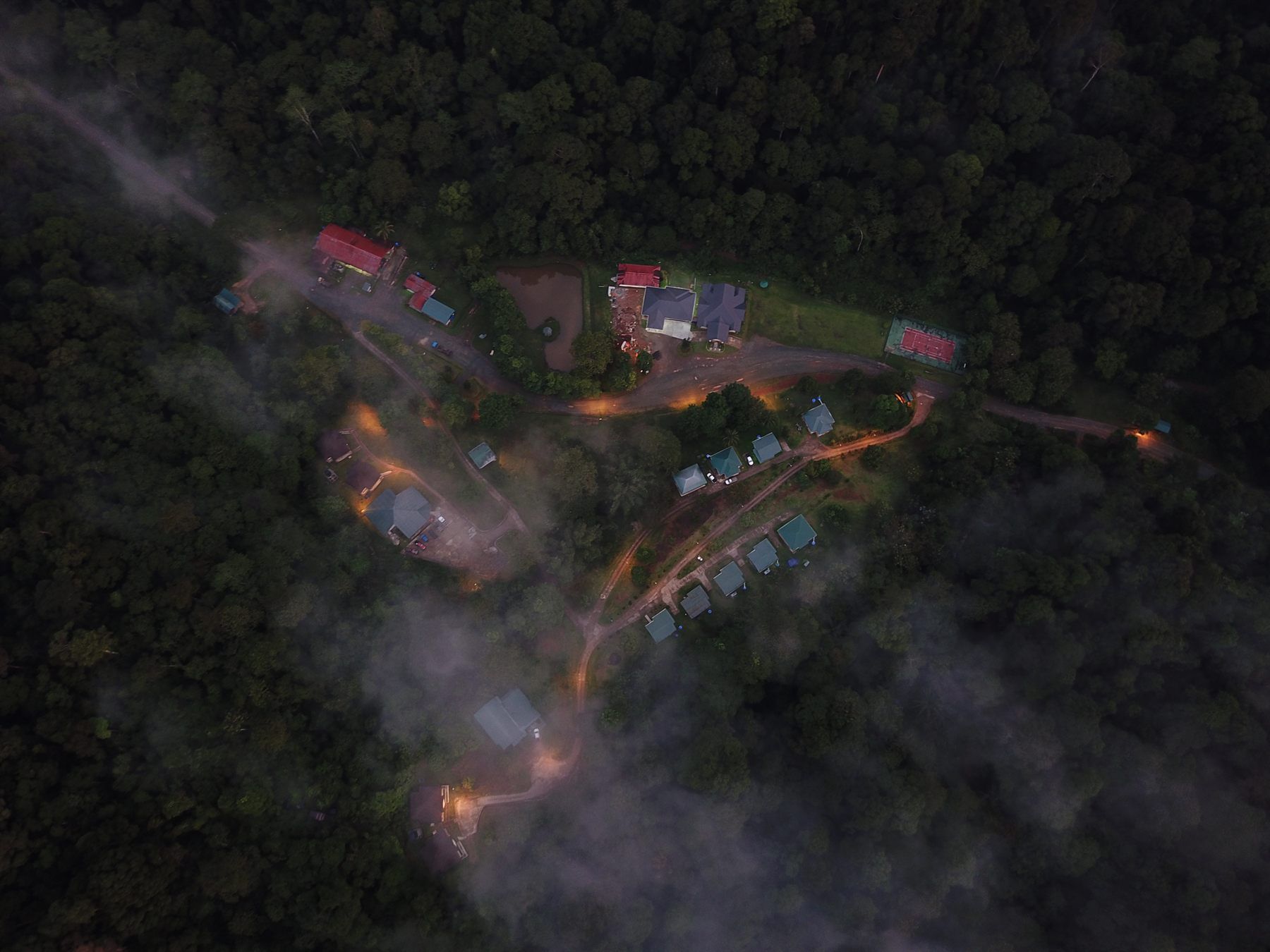 Aerial dusk view of the Deramakot base camp, Sabah Forestry Department